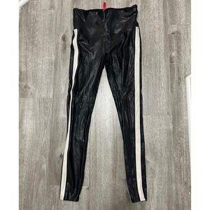 SPANX Faux Leather Leggings White Side Stripe High Waist Black Size L